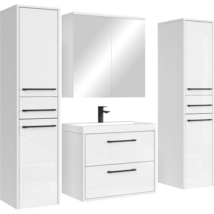 Badplaats Badmöbel Komplettset Florence XL 60 x 35 cm Hochglanz Weiß - Badezimmermöbel mit Waschbecken, Spiegelschrank und 2 Hochschränke – Bild 1