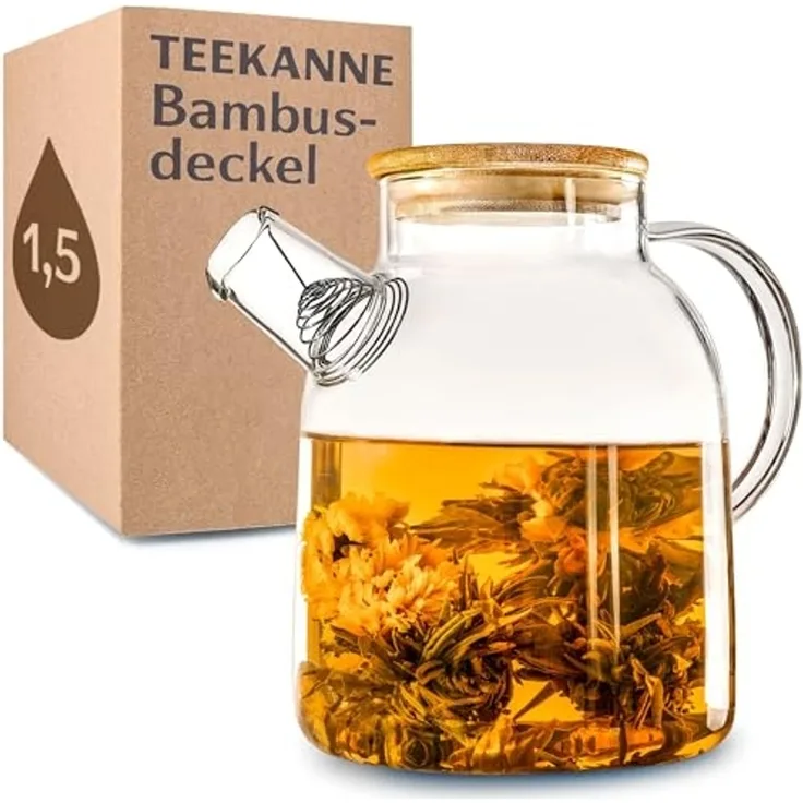 Cosumy Teekanne Teekanne Glas 1,5 Liter mit Deckel aus Bambus - Filter im Auslauf, 1500 l, (Packung, Teekanne mit Deckel), Getränke