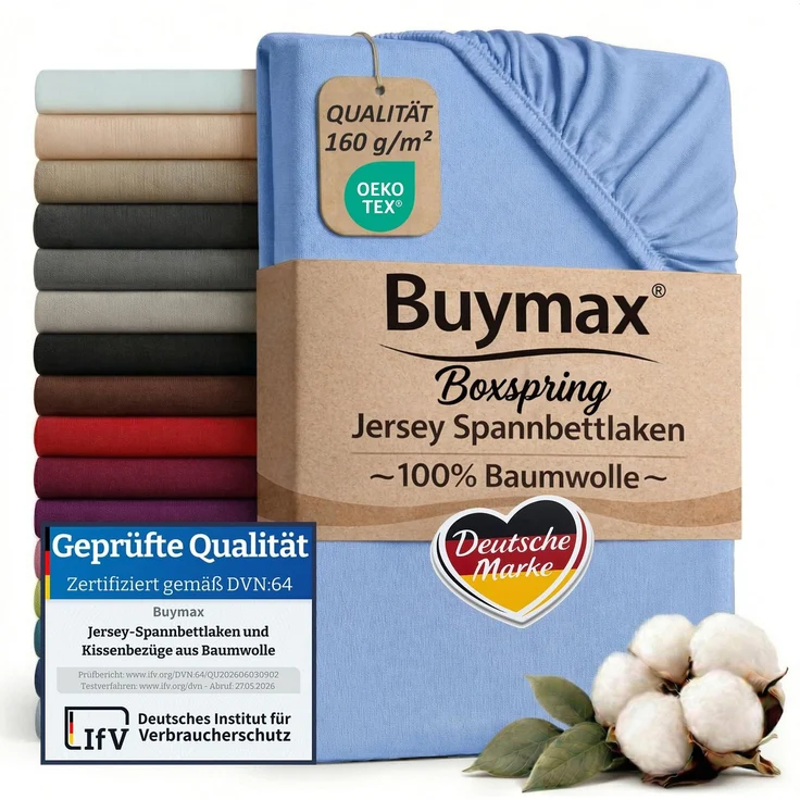 Buymax Spannbettlaken Boxspringbett 180x200-200x220 cm, 100% Baumwolle Jersey, 160 g/m², Oeko-TEX, für hohe Matratzen, Hellblau