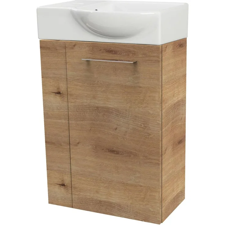 FACKELMANN SBC MILANO Gäste WC Waschtisch Set 45 cm breit, Braun hell, Waschbecken Keramik Weiß, Türanschlag rechts