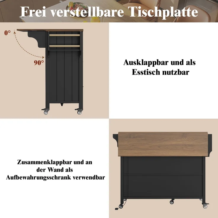 U-life Kücheninsel 139x40x94 cm, Servierwagen mit ausklappbarer Tischplatte, Glasvitrine, LED-Beleuchtung und Rollen, Schwarz – Bild 7