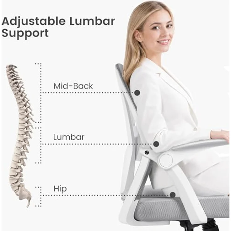 Yaheetech Bürostuhl Schreibtischstuhl mit hochklappbare Armlehnen, Drehstuhl aus Mesh, Office Chair Ergonomic, erstellbaren Lendenwirbelstütze, Wippfunktion, höhenverstellbar Hellgrau – Bild 6