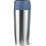 Emsa Travel Mug Eco Isolierbecher, 0,36 l, Comfort-Schraubverschluss, Quick-Press, Öko-Design, 100% dicht, hält Getränke 4h warm und 8h kühl, 360°-Rundum-Trinköffnung, Edelstahl/Blau