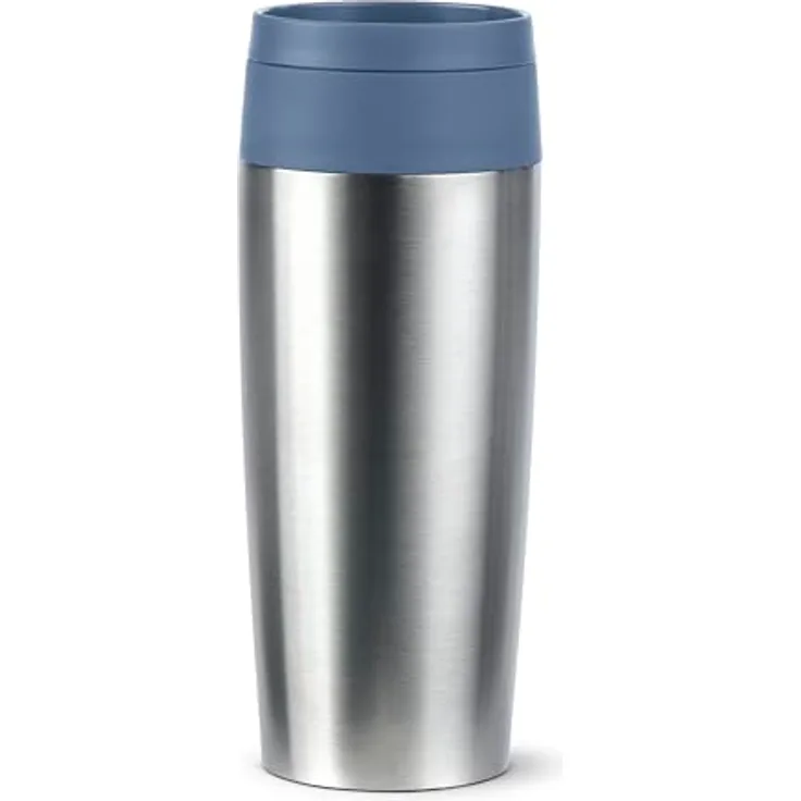 Emsa Travel Mug Eco Isolierbecher, 0,36 l, Comfort-Schraubverschluss, Quick-Press, Öko-Design, 100% dicht, hält Getränke 4h warm und 8h kühl, 360°-Rundum-Trinköffnung, Edelstahl/Blau