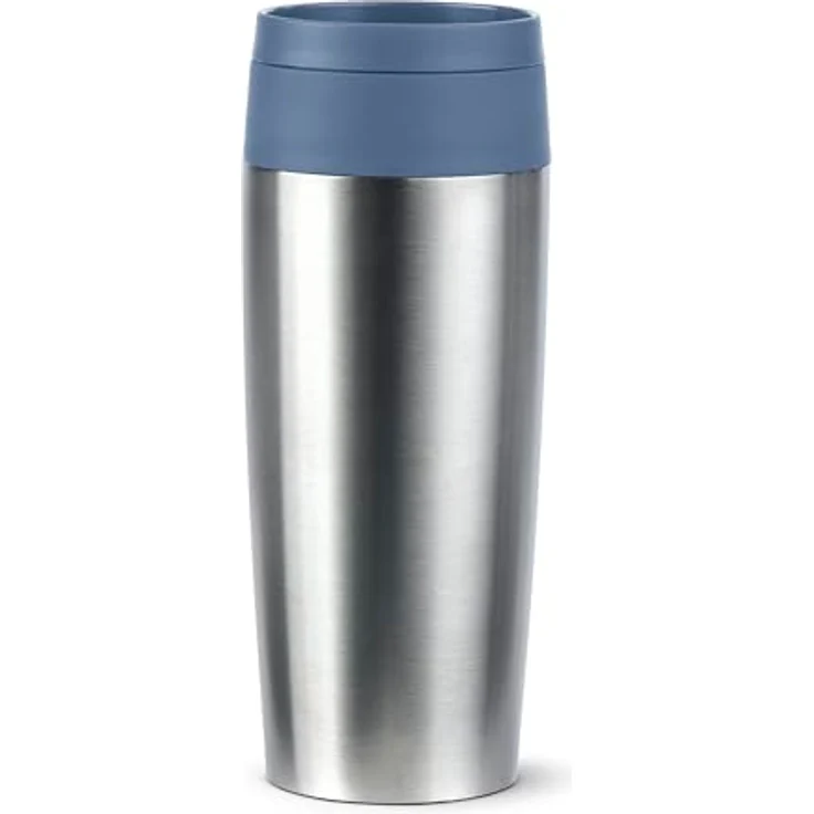 Emsa Travel Mug Eco Isolierbecher, 0,36 l, Comfort-Schraubverschluss, Quick-Press, Öko-Design, 100% dicht, hält Getränke 4h warm und 8h kühl, 360°-Rundum-Trinköffnung, Edelstahl/Blau – Bild 1
