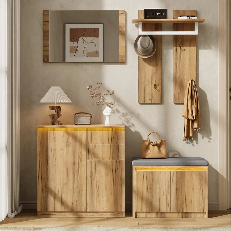 Flieks Garderoben-Set 4-teilig Flurmöbel-Set Kompaktgarderobe mit LED-Beleuchtung, (4-St), Spiegel Kleiderständer Haken Schuhschrank Schuhbank Holzoptik Natur – Bild 1