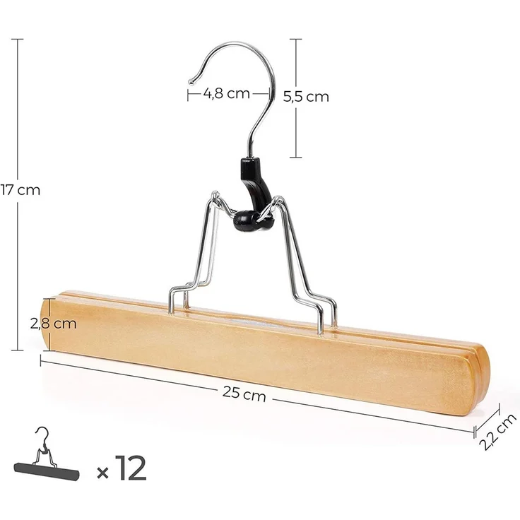 Calicosy Set aus 12 rutschfesten Kleiderbügeln mit Klammern für Hosen - L25 x H17 cm - Helles Holz – Bild 6
