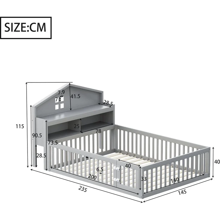Kinderbett Hausform 140x200 cm mit Kreidetafel, Regalen & Tür,Massivholz Bodenbett,Grau – Bild 4