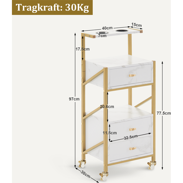 M MCombo Friseurwagen mit Rollen & 3 Schubladen, Rollwagen Servierwagen Weiß-Gold, Salon Trolley mit 2 Ablagen & 2 Föhnhalter, Moderner Arbeitswagen für Bad Wohnzimmer 0048 – Bild 3