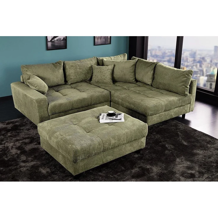 riess-ambiente Ecksofa KENT 220cm grün- Cord, L-Form, Federkern, m. Kissen, FSC-zertifiziert, Einzelartikel 1 Teile, Moderne Wohnlandschaft inkl. Hocker - ideal für Wohnzimmer u. Familien – Bild 2