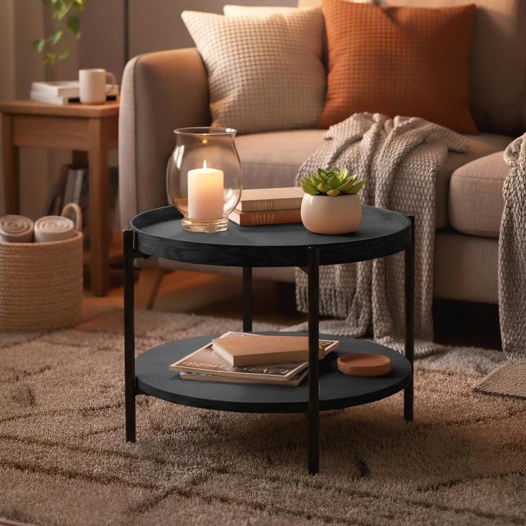 CLP Couchtisch Corbitan rund aus Holz 2 Ebenen Metallgestell schwarz,grau Ø 50 cm – Bild 3