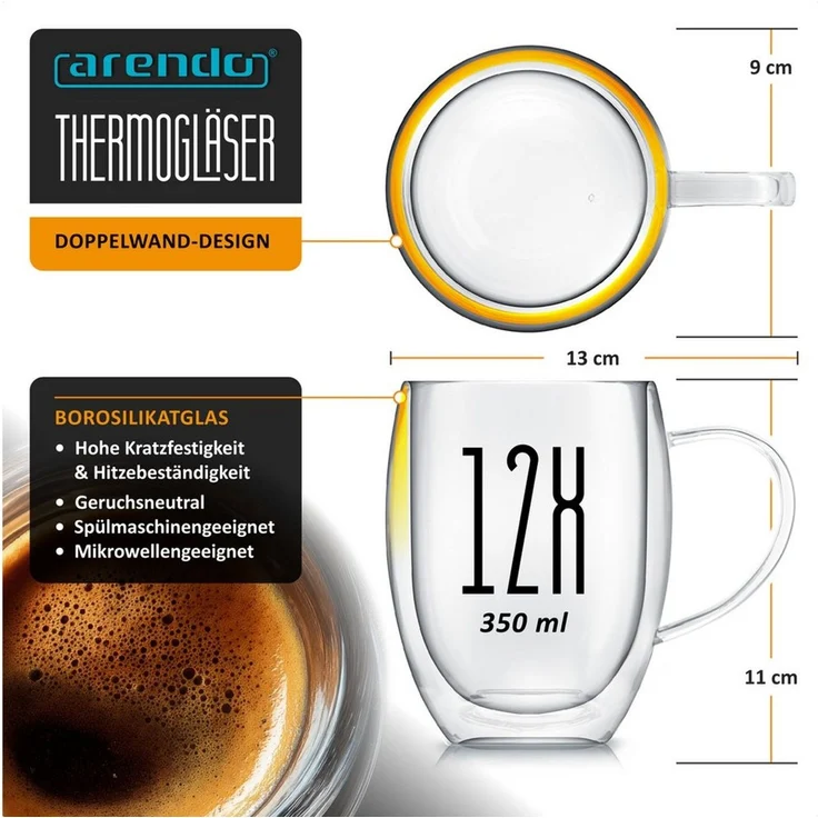 Arendo Gläser-Set doppelwandige Thermogläser, 350 ml Kaffeetasse, Trinkglas ohne Henkel, 12-tlg, Glas, für Latte Macchiato, Cappuccino, Tee, hitzebeständig spülmaschinenfest