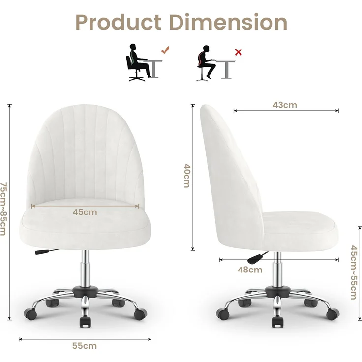 Botifly Bürostuhl ohne Armlehnen, Samt, Weiß, 8 cm Polsterung, 360° Drehbar – Bild 4