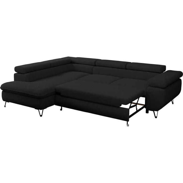 Mks Möbel 'Peter L-form' Ecksofa mit Bettfunktion, Bettkasten & einstellbaren Kopfstützen, Schwarz, Boucle, links – Bild 2