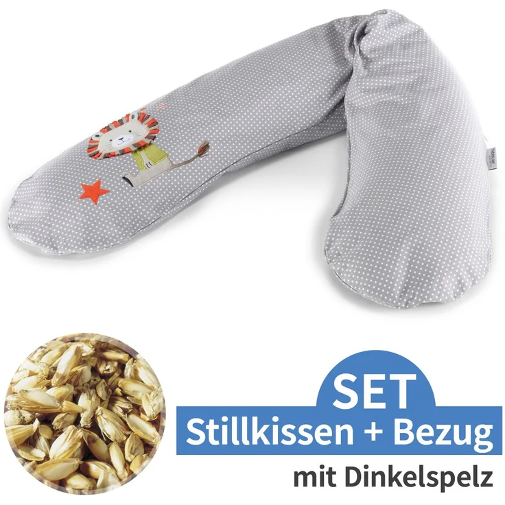 Theraline Stillkissen Das Original, 190 cm mit Dinkelspelz-Füllung, Bezug Knister Löwe Punkte Grau