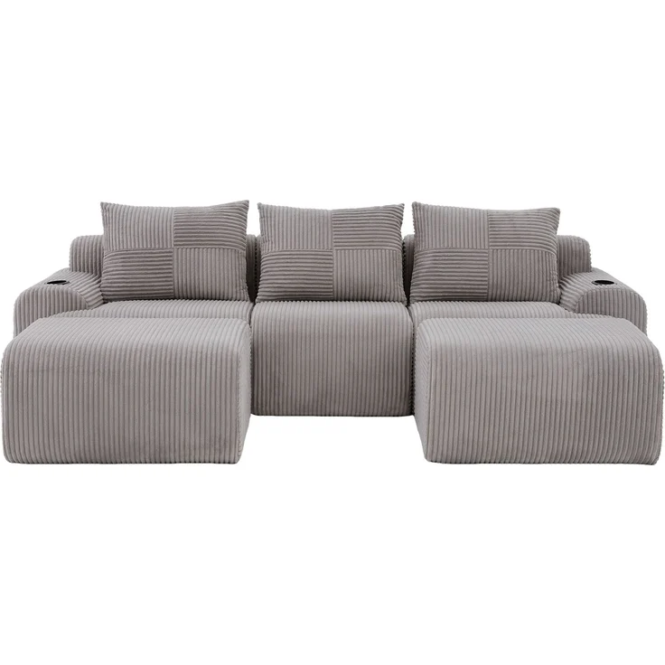 DESVIAE Sofa modular mit Getränkehalter und Seitentasche 268x80x174 cm Cord Hellgrau – Bild 7