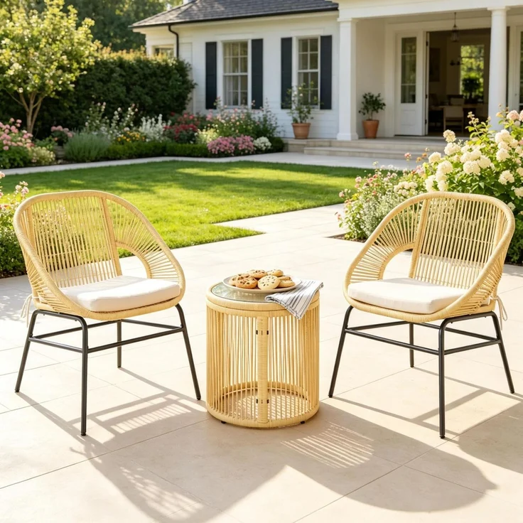 Balkonlounge, Stahl & Harzgeflecht, 2 Sessel mit Kissen und Glastisch, 73x63x81 cm, Beige – Bild 4