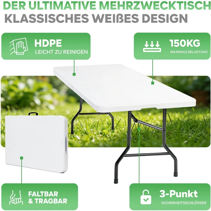 Eiryss Klappbarer Gartentisch 180x74cm, Outdoor Campingtisch für 8 Personen, weiß mit Kunststoffplatte & Metallrahmen, belastbar 150kg, 3 Sicherheitsverschlüsse, Buffetstisch für Garten, Balkon – Bild 2