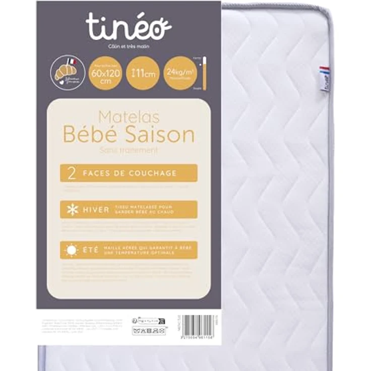 TINÉO - Babymatratze Season 60 x 120 x 11 cm – Babymatratze – 2 Seasons – 1 Sommerseite – 1 Seite Winter – Keine Behandlung – Dichte 24 kg/m – Bild 5