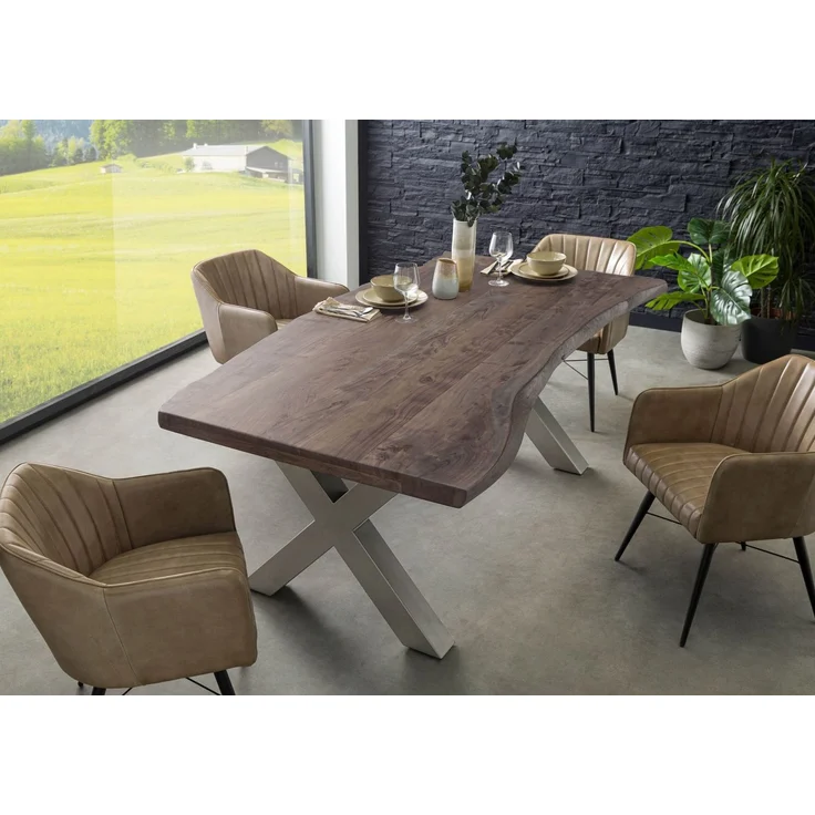 Baumtisch Akazie 220x100x77 grau lackiert / X-Beine silber matt FREEFORM 5 – Bild 2