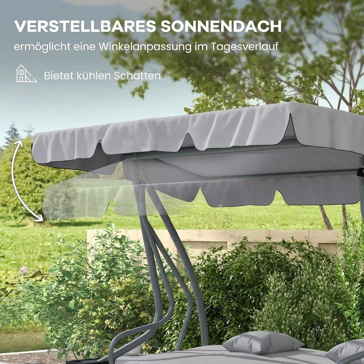 Outsunny Hollywoodschaukel Gartenschaukel mit Sonnendach, Liegefunktion, 2-Sitzer, Bettfunktion, Schaukelbank, 1 tlg, Bettschaukel, für Garten, Hellgrau – Bild 4