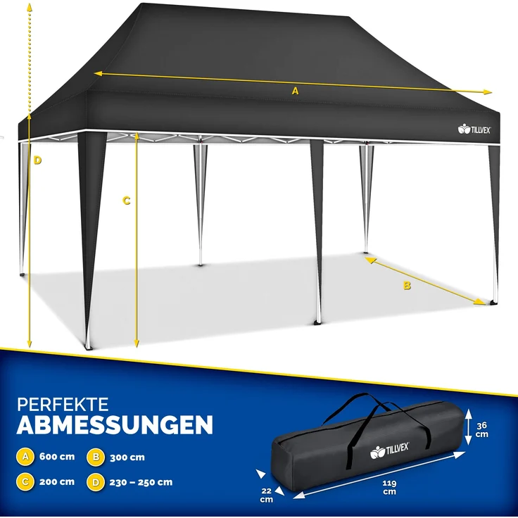 tillvex Pavillon 3x6m - mit 3 Seitenwänden Schwarz wasserdicht | Pop-Up Faltpavillon höhenverstellbar | Gartenzelt UV Schutz 50+ | Partyzelt mit Tasche für Garten – Bild 2