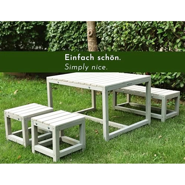 WONDERMAKE Garten-Kindersitzgruppe, 4-tlg. Holz-Sitzgarnitur für drinnen und draußen, grau, inkl. Tisch, Bank und 2 Hockern, für Kinder ab 3 Jahren – Bild 4