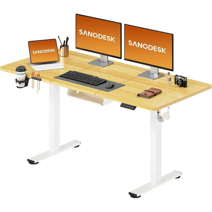 SANODESK Höhenverstellbarer Schreibtisch 140x60 cm Schreibtisch Höhenverstellbar Elektrisch Ergonomischer Steh-Sitz Tisch Computertisch für Heimbüro Homeoffice(ahorn) – Bild 1