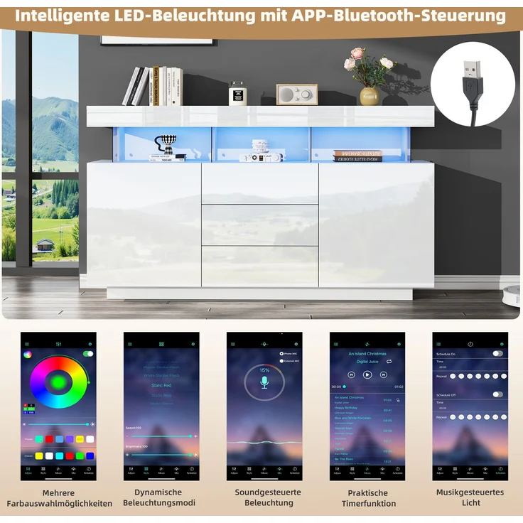 DESVIAE Sideboard mit 3 Schubladen und LED-Beleuchtung, 140x80x35 cm, Spanplatte und Acryl, Weiß – Bild 6