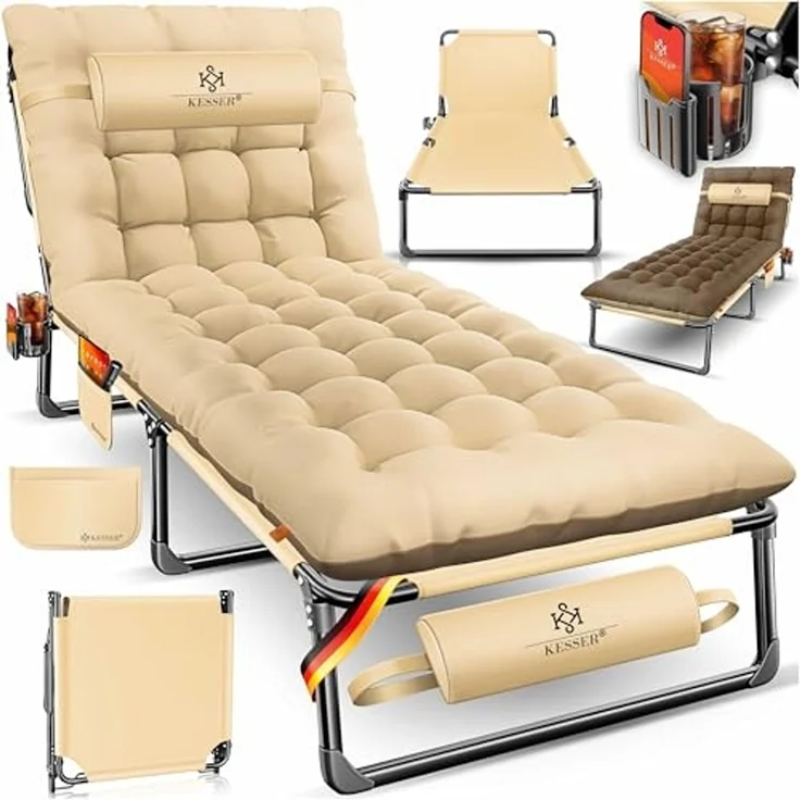 KESSER® Campingbett klappbar mit Tragetasche, Nackenkissen, Vakuumtasche & Getränkehalter, Oxford-Gewebe / Stahl kaffe / creme, 68 x 190 x 30 – Bild 1