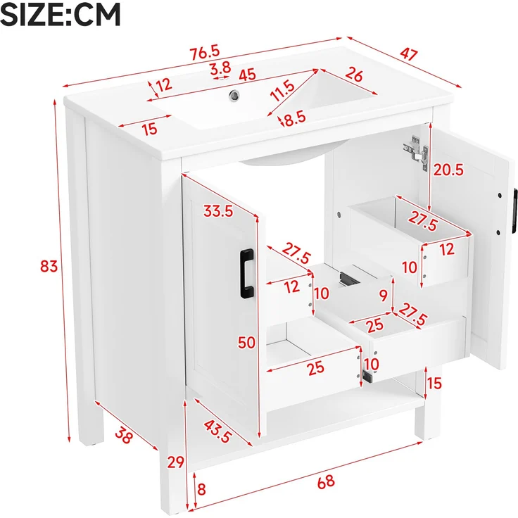 76,5 x 47 x 83 cm, freistehender Waschtisch, komplett lackiert, Doppeltürschrank, Stauraum in verschiedenen Größen, integriertes Keramikwaschbecken, offene Regale, weiß. – Bild 7