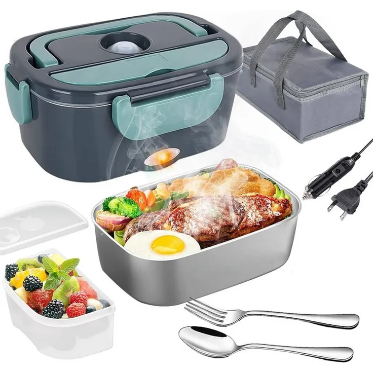 MOPUEA Elektrische Lunchbox 3 in 1 Elektrische Lunchbox für Zuhause und Auto, 1,5 L Brotdose, (Brotdose aus Edelstahl, schnelles Erhitzen von Speisen, 1-tlg, mit getrennter Fach), mit Löffel und Gabeln, Tragetasche und Reinigungstuch