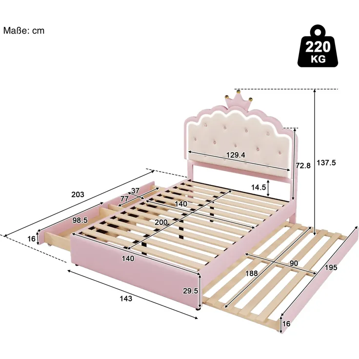 Prinzessinbett mit LED-Beleuchtung, Gästebett und Schubladen, Mädchenbett, Polsterbett für Mädchen, Doppelbett, Kunstleder, 140x200cm – Bild 6