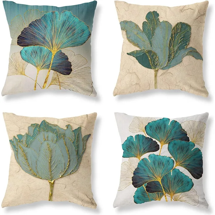 Kissenbezüge 45×45 cm 4er-Set Türkis-Gold Blatt Floral, Outdoor Patio Couch Kissen