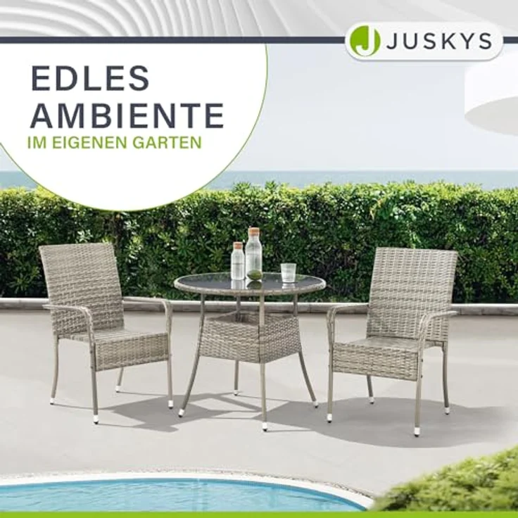 Juskys Polyrattan Gartentisch Yoro wetterfest - Balkontisch Ø 80 cm rund - Rattan Beistelltisch mit Glasplatte - kleiner Tisch für Balkon - Grau – Bild 7