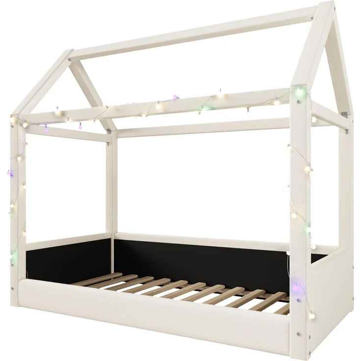 Gepolstertes Tagesbett 90x200 cm mit Haus-Design, LED-Lichtleisten und Leinenbezug, Beige – Bild 10