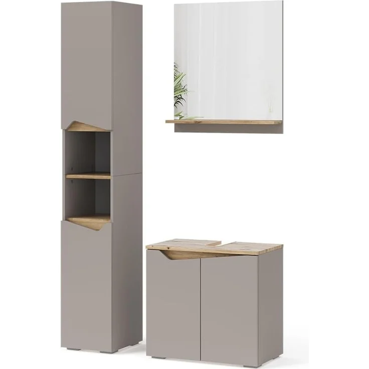 Badmöbel-Set Marelle Greige 3 Teile, mit Hochschrank Vicco