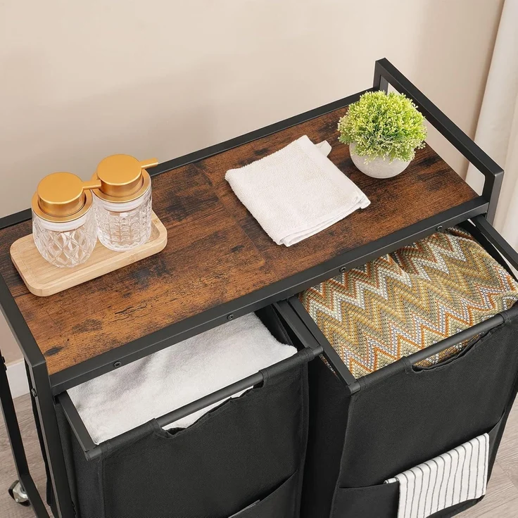 Wäschekorb mit Rollen und Ablage, 2 Fächer, 2 x 49,5 L, Oxford-Gewebe – Bild 4