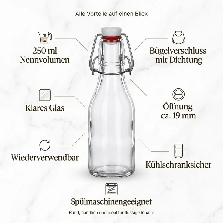 gouveo Trinkflasche gouveo 24er Set Glasflasche 250 ml rund mit Bügelverschluss (BFR250), 24er Set Mehrweg-Bügelflaschen 250 ml – auslaufsicher – Bild 3