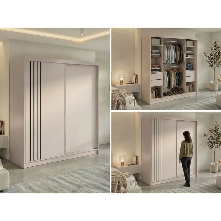 Schwebetürenschrank NAURU mit Lamellen-Optik, moderner Kleiderschrank, Breite 200 cm, inkl. Innenausstattung & Stauraum, Akustikpaneel-Design - Kaschmir und Schwarz - mit Schubladen – Bild 2