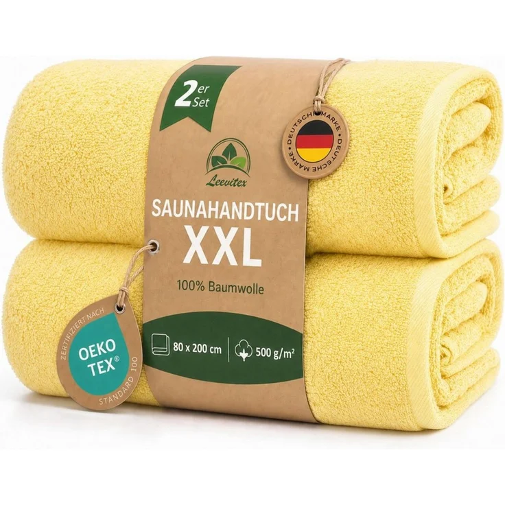 leevitex® Saunatuch, 80x200 cm, 100% Baumwolle, saugstark und fusselfrei, Frottee (Set, 2-St), OEKO-TEX® STANDARD 100 zertifiziert, gestreifte Bordüre – Bild 1