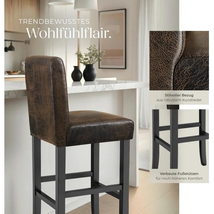 tectake Barhocker Barstuhl aus Kunstleder, gepolstert mit Rückenlehne, Stuhlbeine aus Massivholz, Sitzhöhe 76 cm – Bild 3