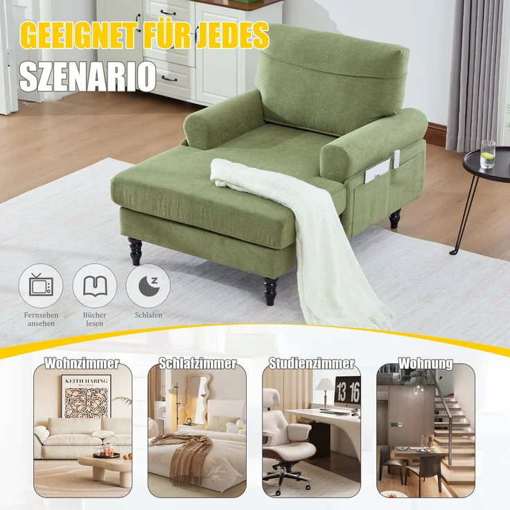 LVHOM XXL Relaxsessel mit Seitentaschen, Großer Chaiselongue-Sessel aus Chenille, Haustierfreundlich, Ergonomische Polsterung für Wohnzimmer, Büro, Wintergarten – Bild 8