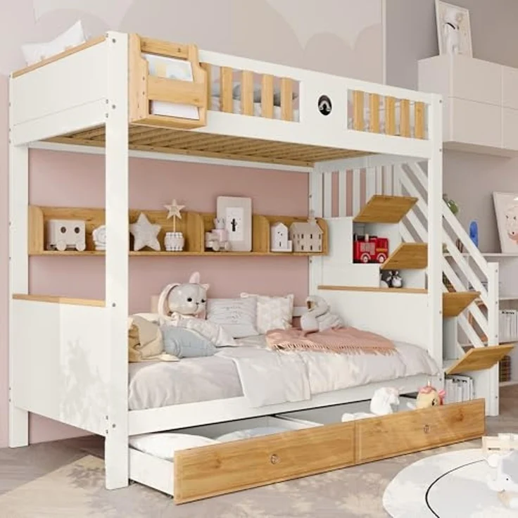 Ball & Cast Hochbett (90x200cm) Kinderbett mit 4 Spinden in der Treppe, Einzelbett mit Geländer und 2 Schubladen, Weiß+Natur – Bild 6