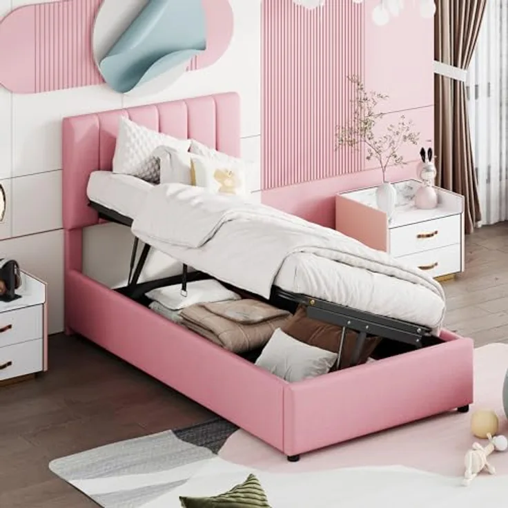 FAVSH Boxspringbett Einzelbett 90 x 200 cm - Hydraulisches Stauraumbett mit Lattenrost, Polsterbett mit Stauraum für Kinderbett Jugendbett mit Verstellbares Kopfteil, Leinen (Rosa)