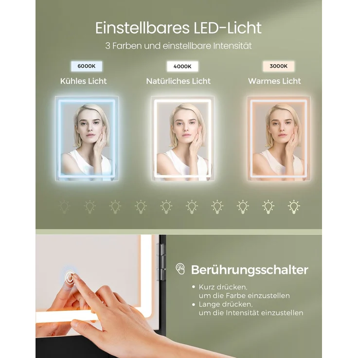 Vasagle Schminktisch mit LED-Beleuchtung, 3 Farben mit einstellbarer Helligkeit, Frisiertisch mit Spiegel, Kosmetiktisch mit verstellbaren Ablagen, 2 Schubladen, modern, tintenschwarz von Songmics – Bild 2