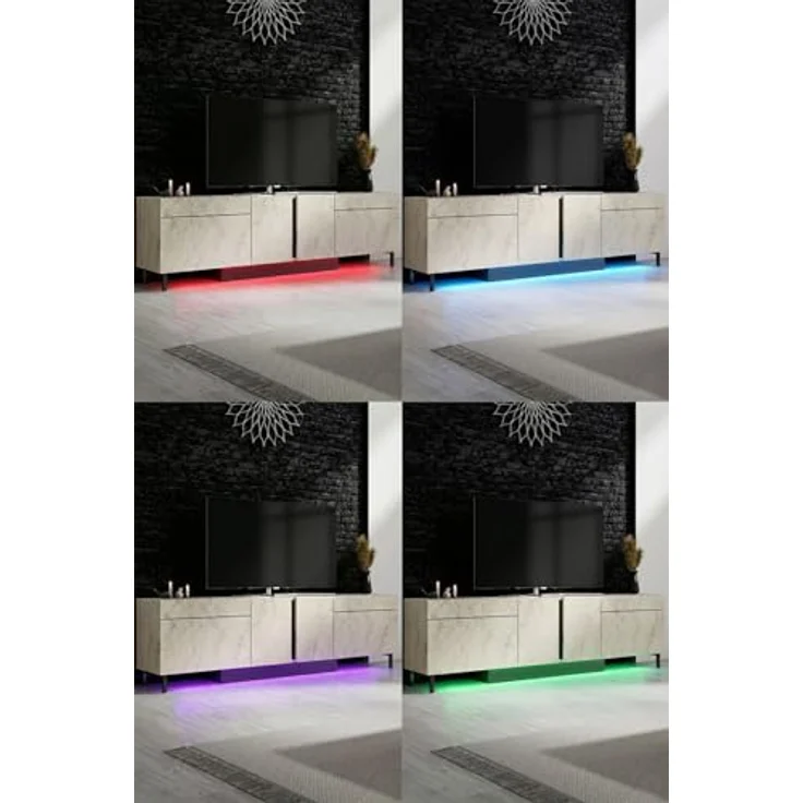 Moderner TV-Ständer mit LED-Beleuchtung, Travertin-Optik, 180 cm | 100% melaminbeschichtet, Metallbeine, RGB-Fernbedienung | Stilvolles und funktionales Design – Bild 7