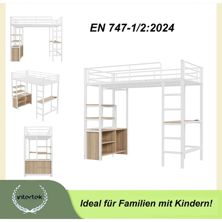 EINHOM Hochbett, 90 x 200 cm, Bett mit Schreibtisch, mit Steckdose und USB, Mehrere Regale, Offener Lagerschrank, Geländer, Leiter, Eisenrahmen, Weiß (Ohne Matratze) – Bild 4
