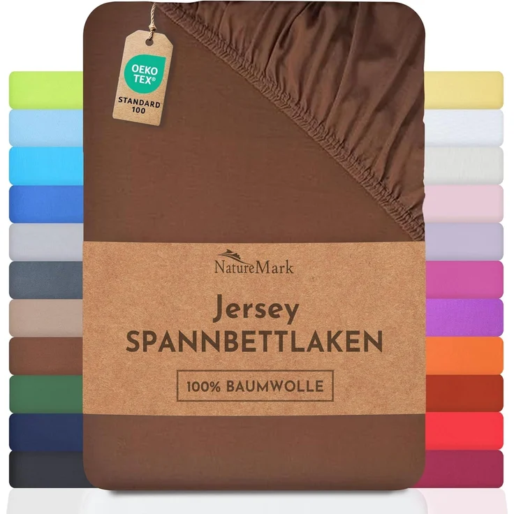 NatureMark Jersey Spannbettlaken, Spannbetttuch 100% Baumwolle in vielen Größen und Farben MARKENQUALITÄT ÖKOTEX Standard 100 | 200x220 cm +40 Steg - Schoko braun
