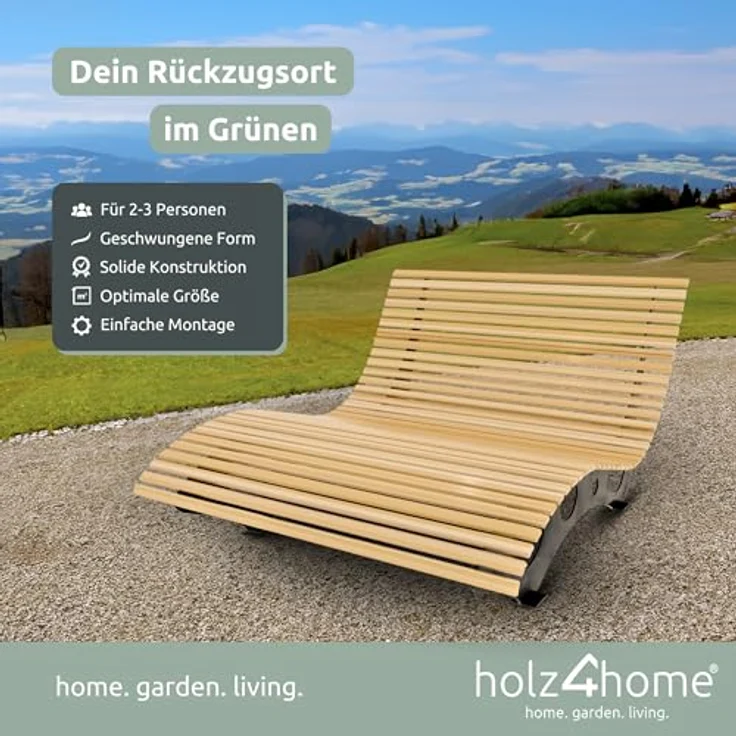 holz4home Waldliege aus Kiefernholz, ergonomische Gartenliege mit stabilen Metall-Standbeinen, 148x152x105 cm – Bild 3